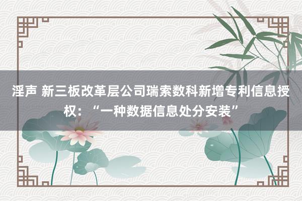 淫声 新三板改革层公司瑞索数科新增专利信息授权：“一种数据信息处分安装”